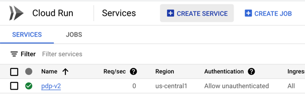 Cloud Run dashboard with the Create Service button