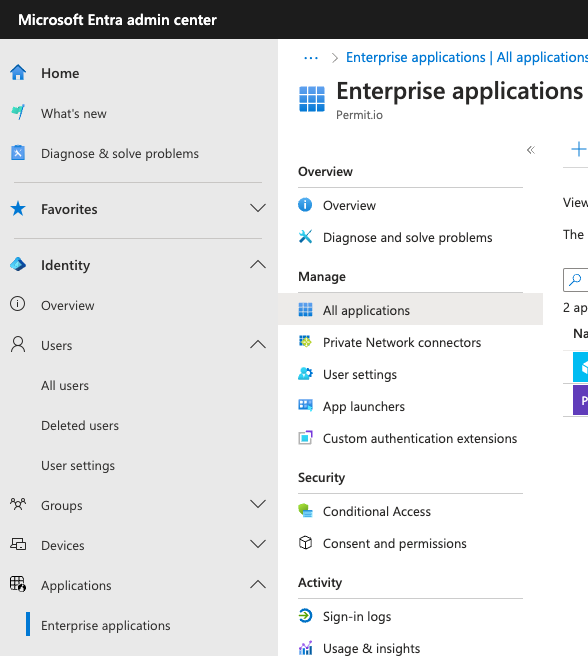 Entra ID admin center with Enterprise applications selected under Applications