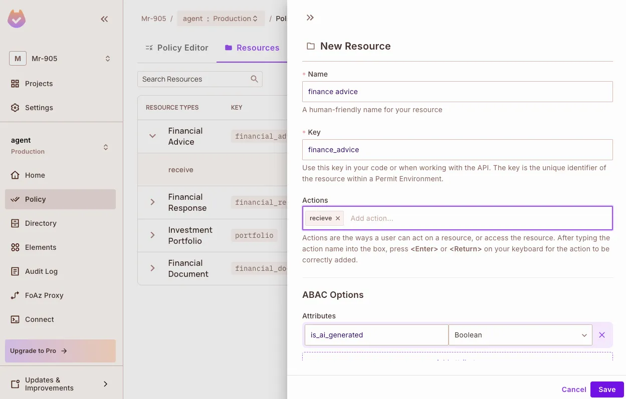 Resources tab with the financial_advice, financial_document, portfolio, and financial_response resources