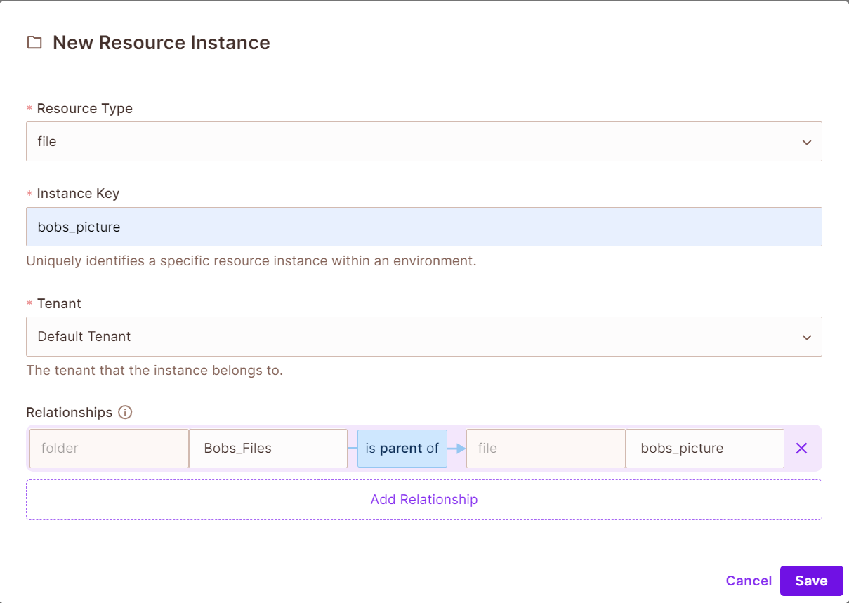 New Resource Instance form for the file bobs_picture with the relationship folder Bobs_Files is parent of file bobs_picture