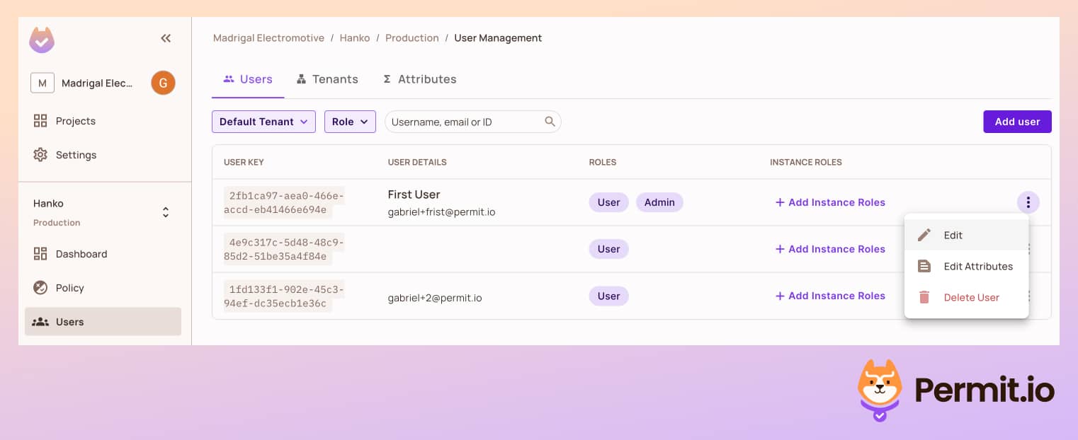 Permit user list where the first user has the User and Admin roles