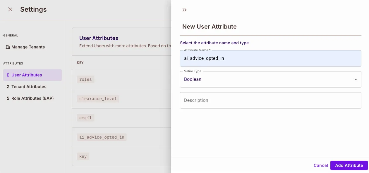 User attribute settings in the Directory screen