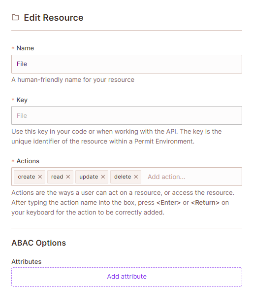 Resource editor with the ABAC Options section