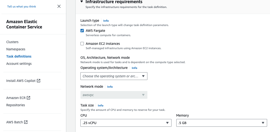 ECS task definition Infrastructure requirements section with AWS Fargate as the launch type and CPU and memory task size fields