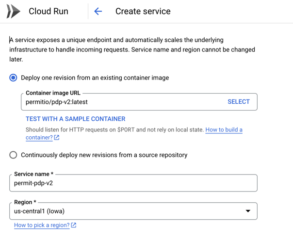 Cloud Run create service form with the container image URL permitio/pdp-v2 and the service name