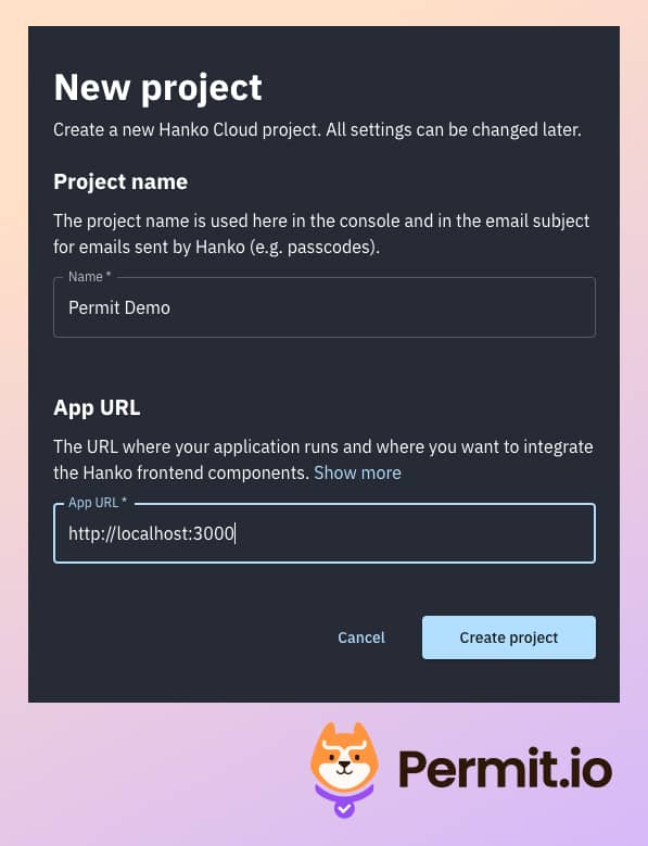 Hanko Cloud form to create a project with the App URL field