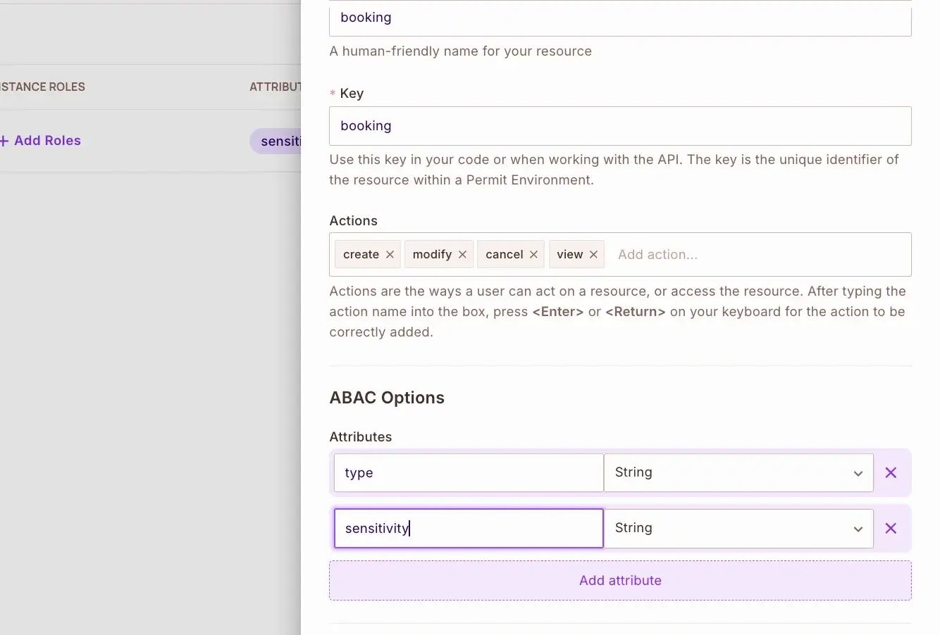 Create Resource form for the booking resource with the create, modify, cancel, and view actions and the type and sensitivity String attributes