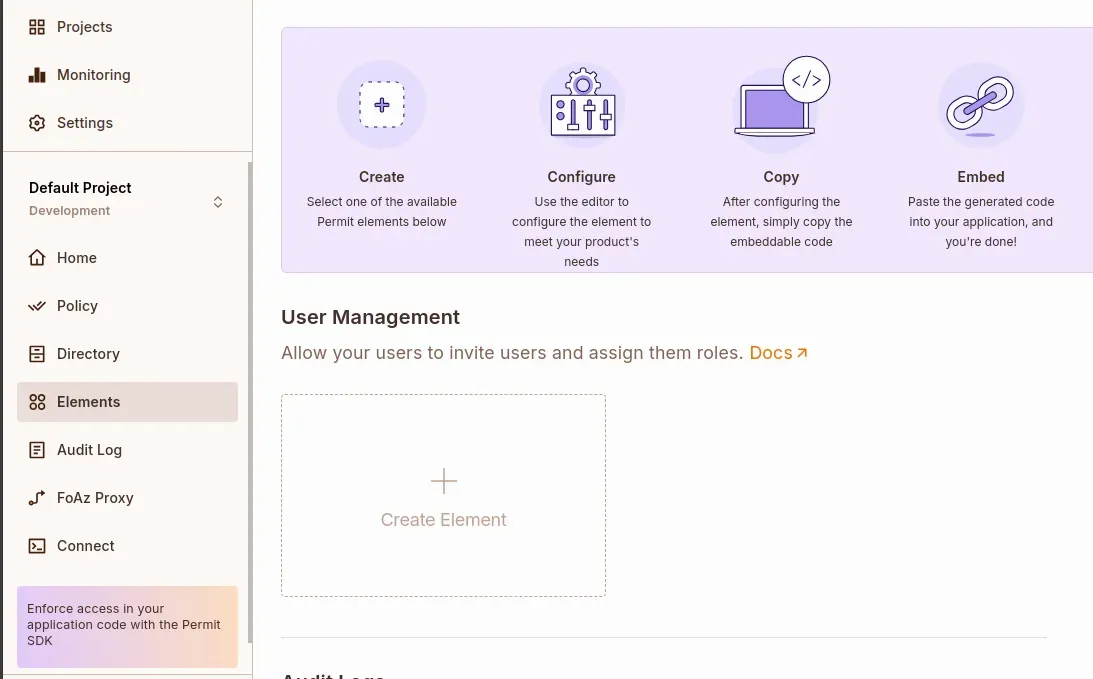 Permit dashboard Elements screen, with the Create Element tile under the User Management section