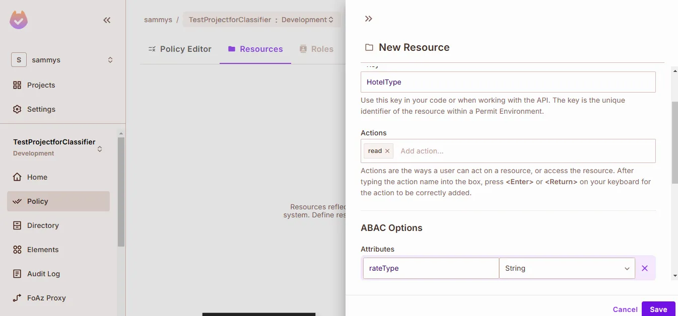 Resources tab of the Policy screen, used to create the HotelType, FinancialData, and FinancialAdvice resources