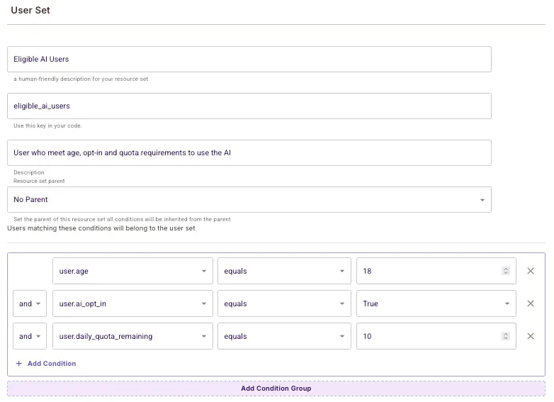 ABAC user set form for Eligible AI Users with age, opt-in, and quota conditions