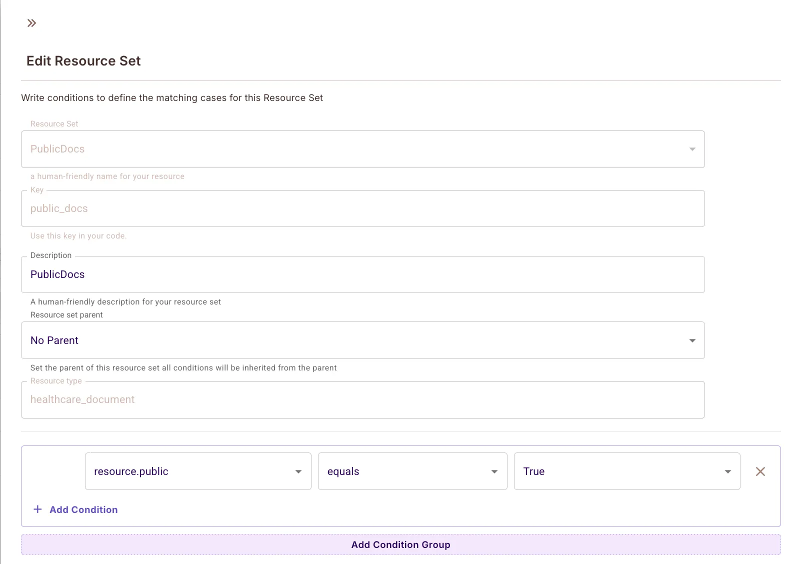 ABAC resource set form for PublicDocs with the resource.public condition