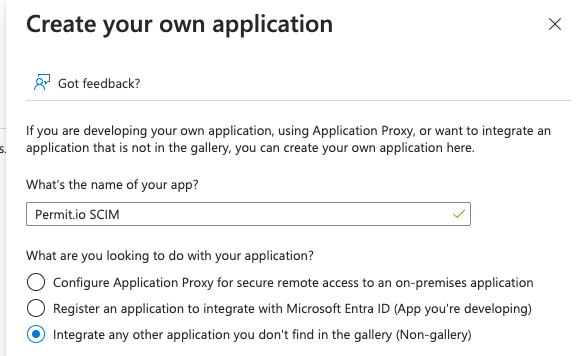 Create your own application panel with the application name field and the Create button