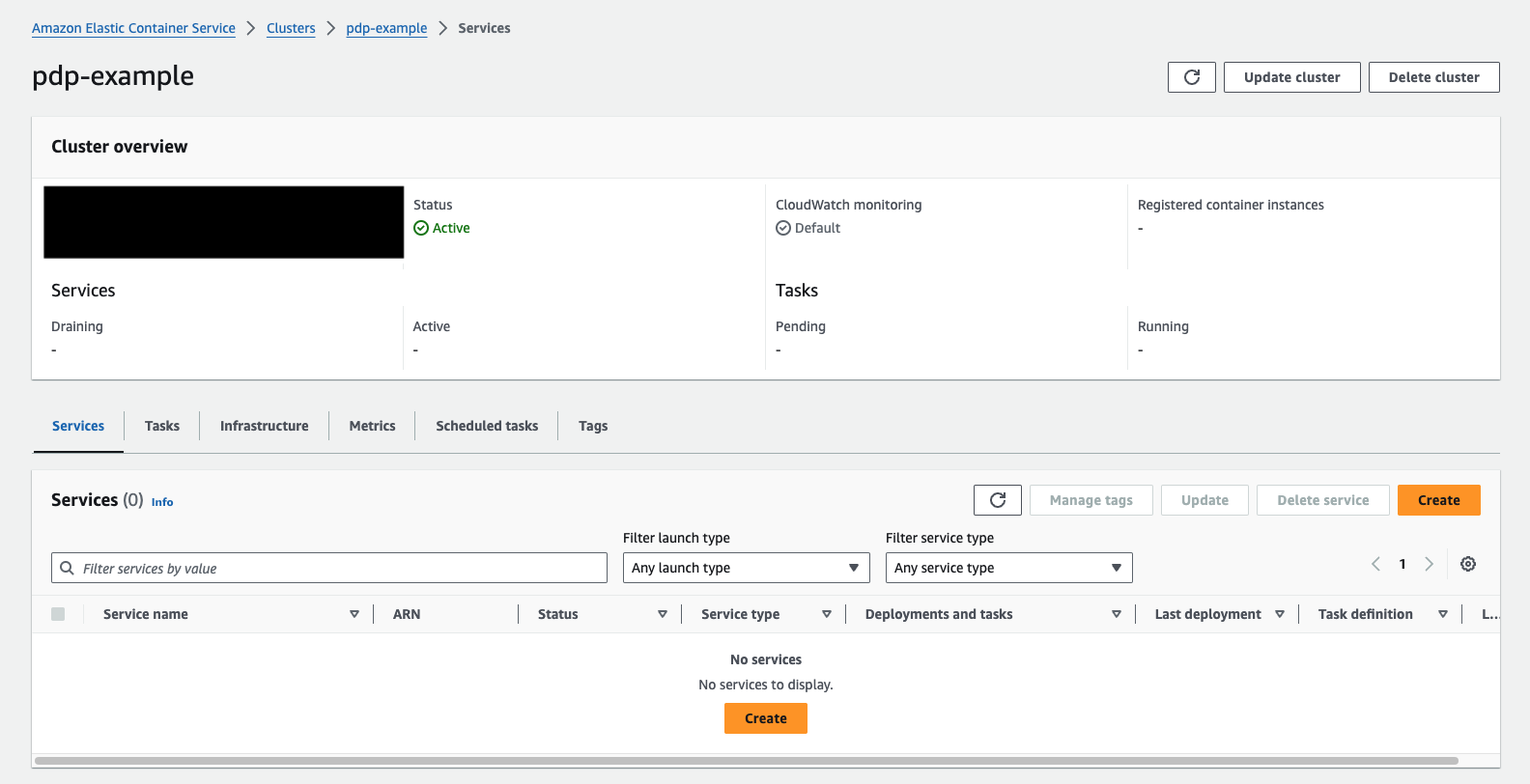 ECS cluster page with the Services tab open and the Create button