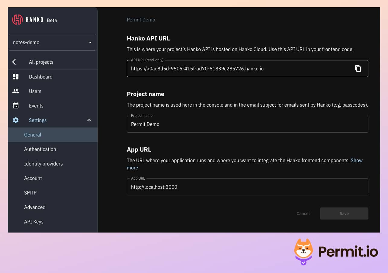 Hanko project General settings with the read-only API URL field