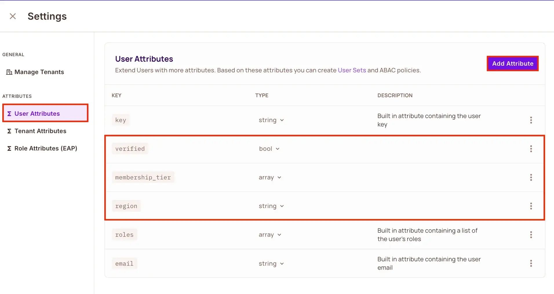 User Attributes settings with the built-in key, roles, and email attributes plus verified as bool, membership_tier as array, and region as string
