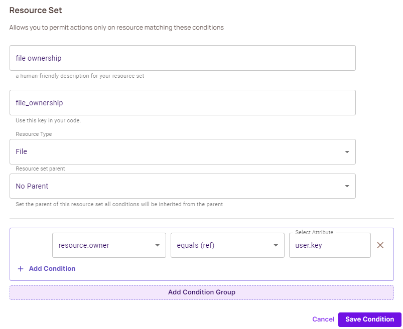 Resource Set form named file ownership for the File resource type, with the condition resource.owner equals (ref) user.key