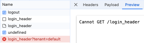 Network tab showing a 404 response from the login endpoint