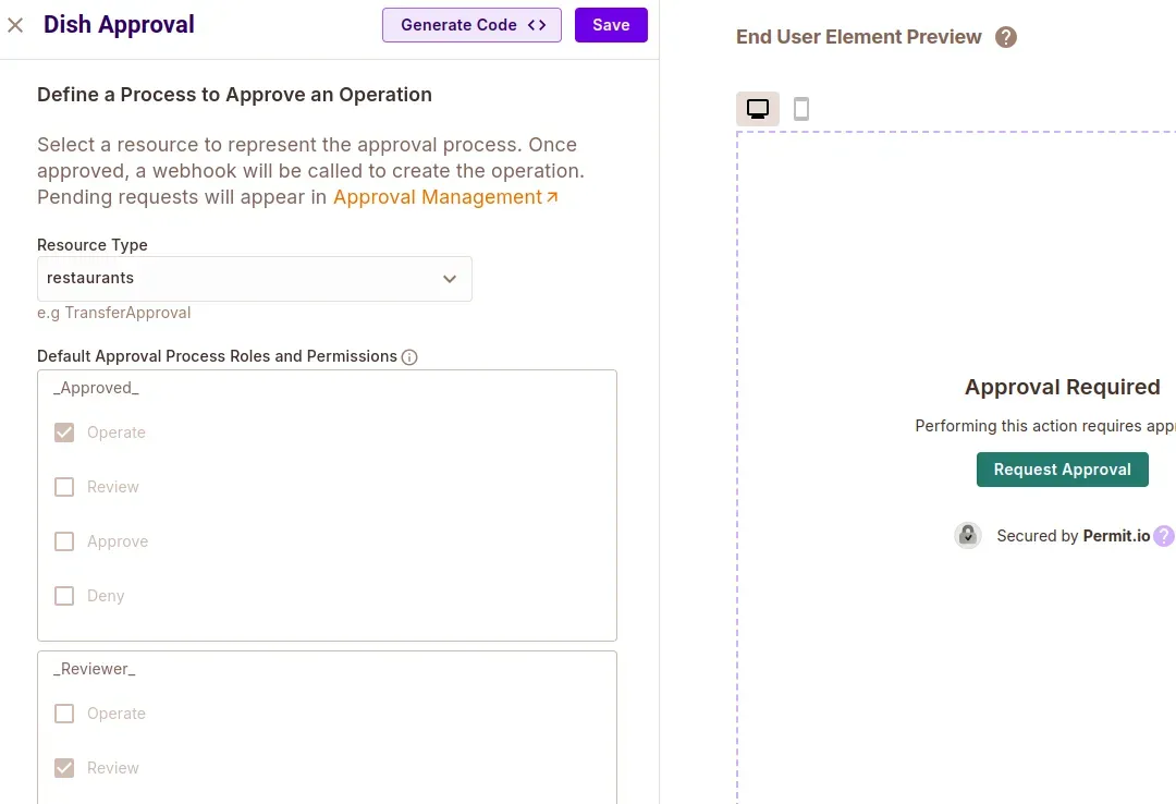 Dish Approval element editor showing the restaurants resource type, the Approved role with the Operate permission, and the Reviewer role with the Review permission
