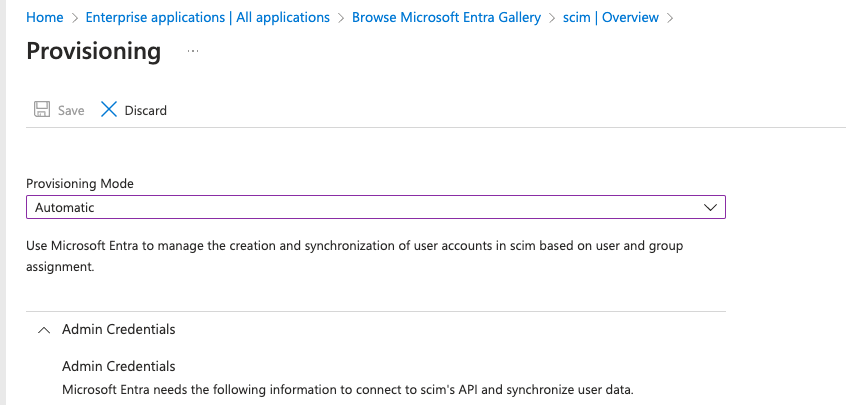 Provisioning tab with the Get started button and Provisioning Mode set to Automatic