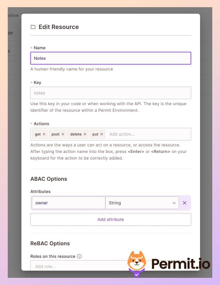 Permit resource form for notes with four actions and an owner attribute