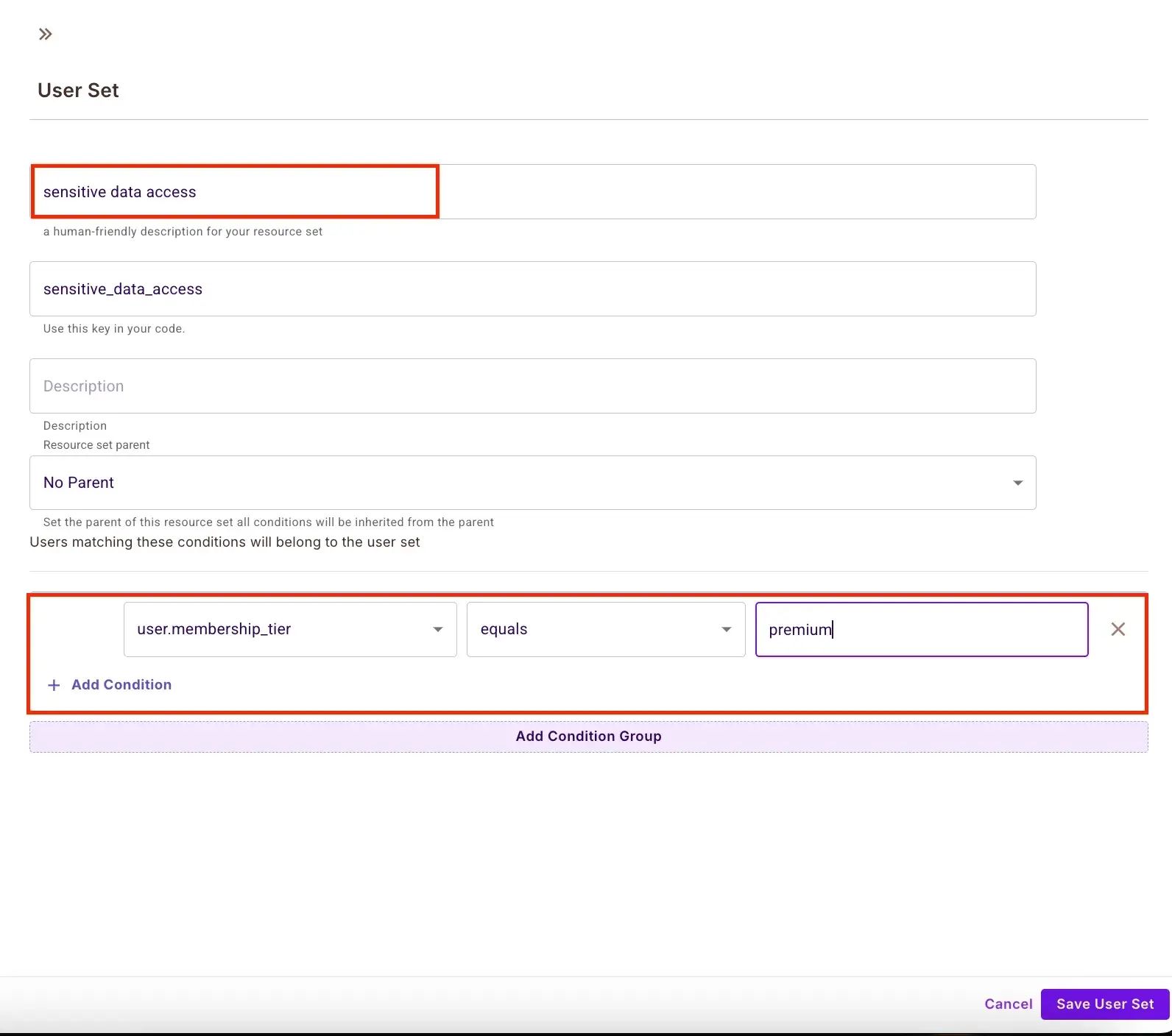 User Set form named sensitive data access with the key sensitive_data_access and the condition user.membership_tier equals premium