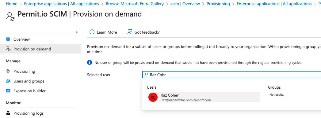 Provision on demand page with a user selected and the Provision button