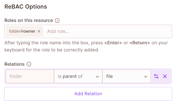 ReBAC Options of the folder resource with the folder#owner role and the relation folder is parent of file