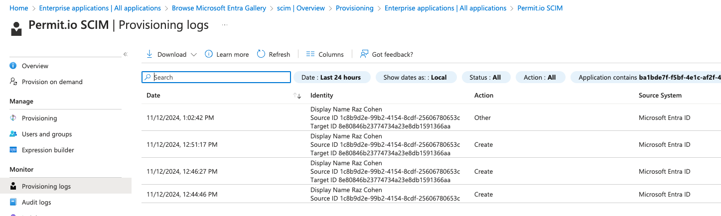 Provisioning logs listing Create actions for the provisioned user from Microsoft Entra ID