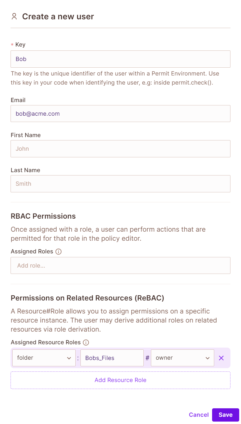 Create a new user form for Bob with the resource role folder Bobs_Files owner