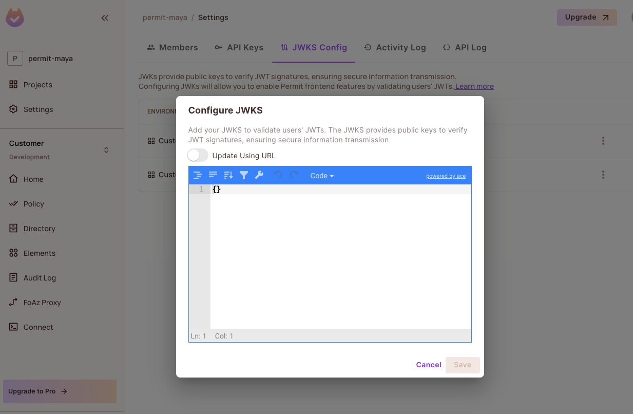 JWKS Config tab in the Permit dashboard settings, with a JWKS pasted in the editor