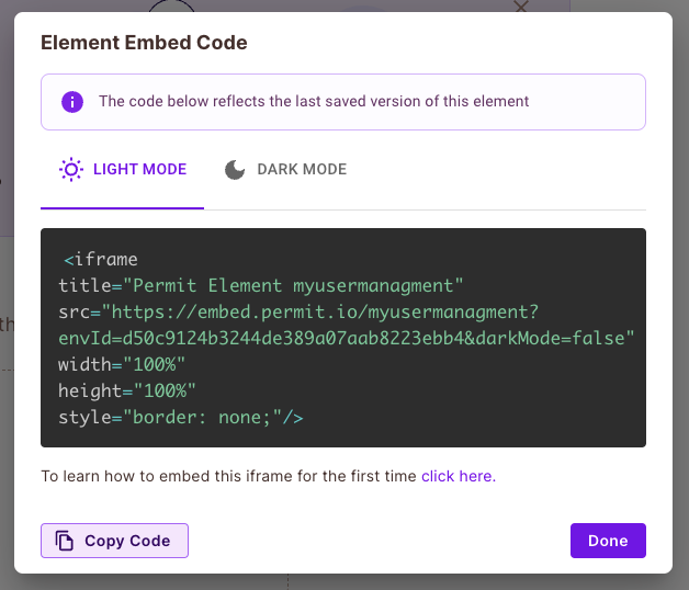 Element Embed Code dialog with the iframe snippet and the Copy Code button