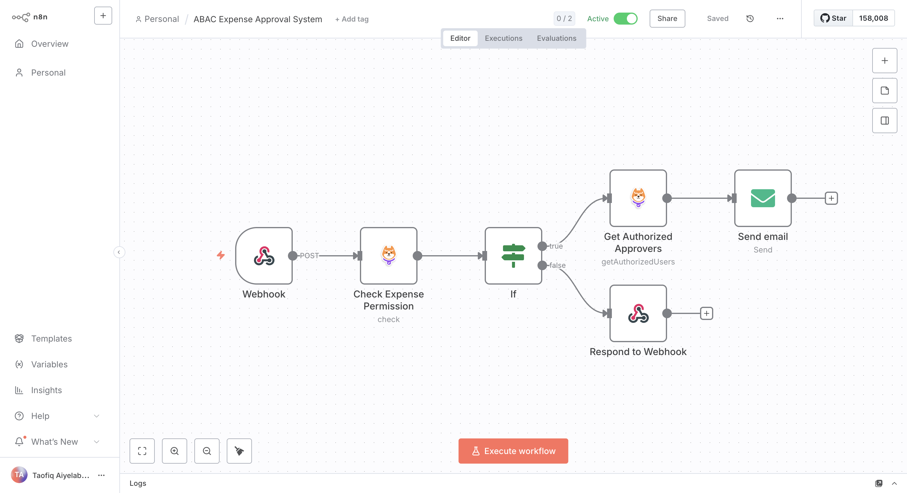 The ABAC Expense Approval System workflow in the n8n editor: a Webhook node, a Check Expense Permission node, an If node, then Get Authorized Approvers and Send email on the true branch, and Respond to Webhook on the false branch