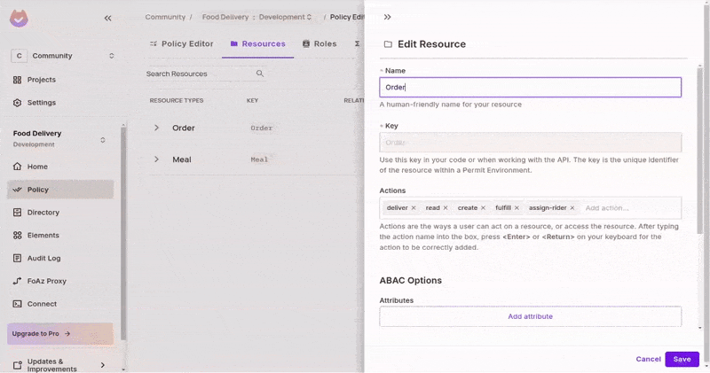 Editing the Order resource to add the create-with-free-delivery action and a cost attribute of type Number