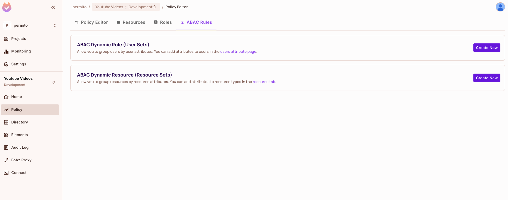 ABAC Rules tab with the ABAC Dynamic Role (User Sets) and ABAC Dynamic Resource (Resource Sets) sections, each with a Create New button