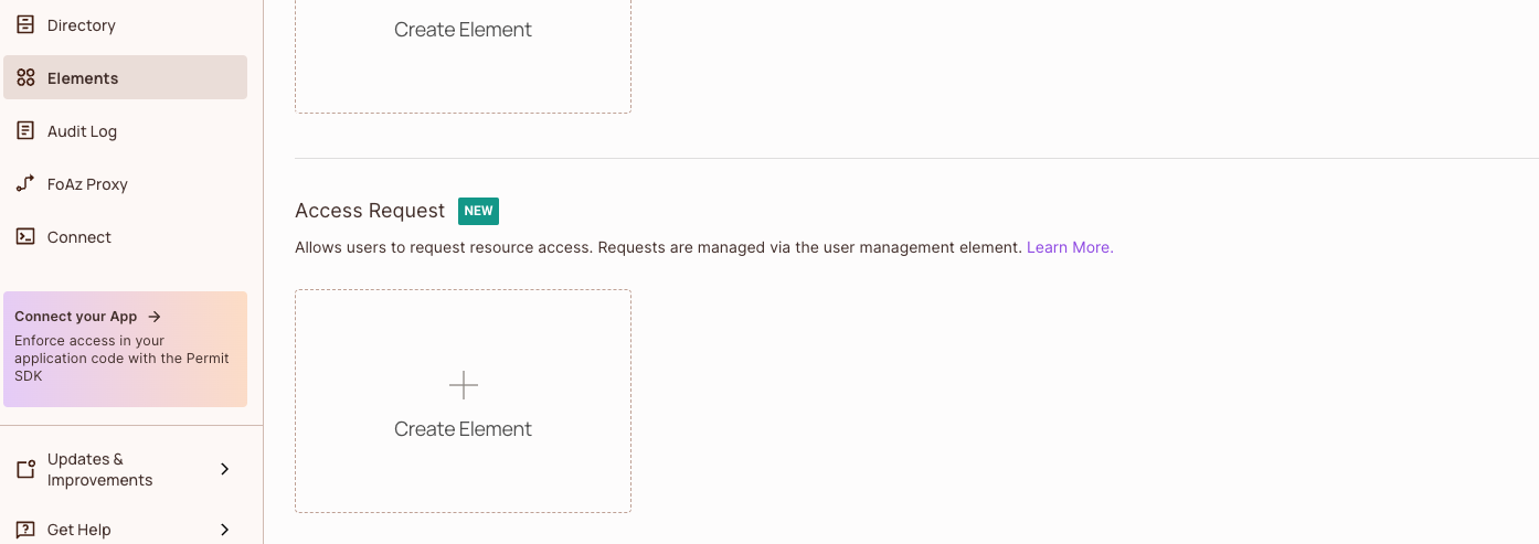 Elements screen with the Create Element button under Access Request