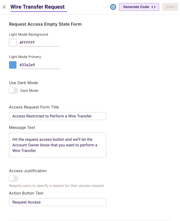 Access Request element configuration showing the role an account member can request