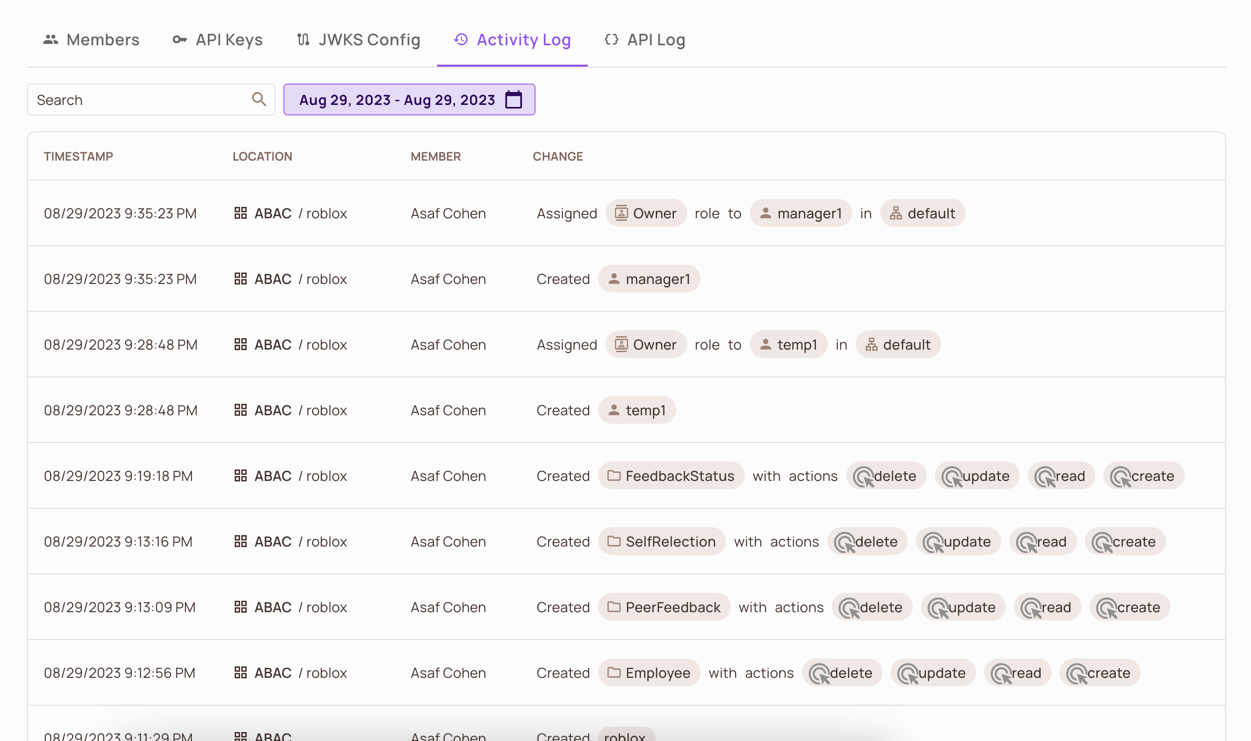 Activity Log tab of the Permit settings screen with a list of workspace changes, their actors, and timestamps