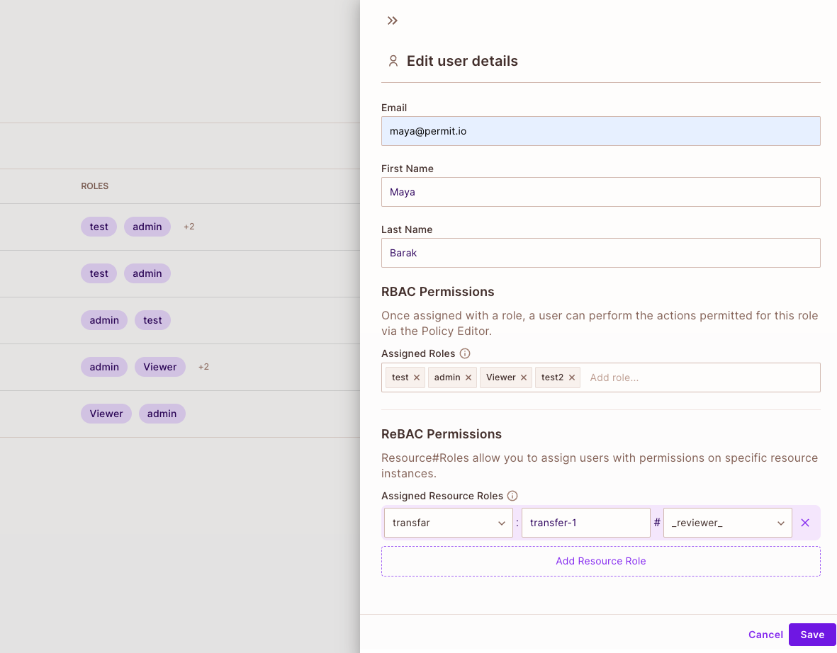 Edit user details panel in the Permit dashboard with the resource role transfer-1 and reviewer assigned under ReBAC Permissions