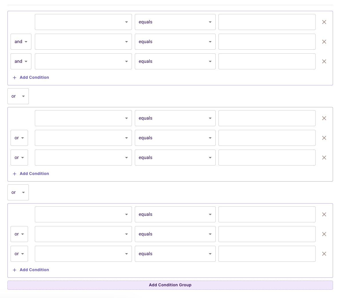 Condition set form with three condition groups, each holding three conditions joined by and or or, the groups joined by or, and an Add Condition Group button