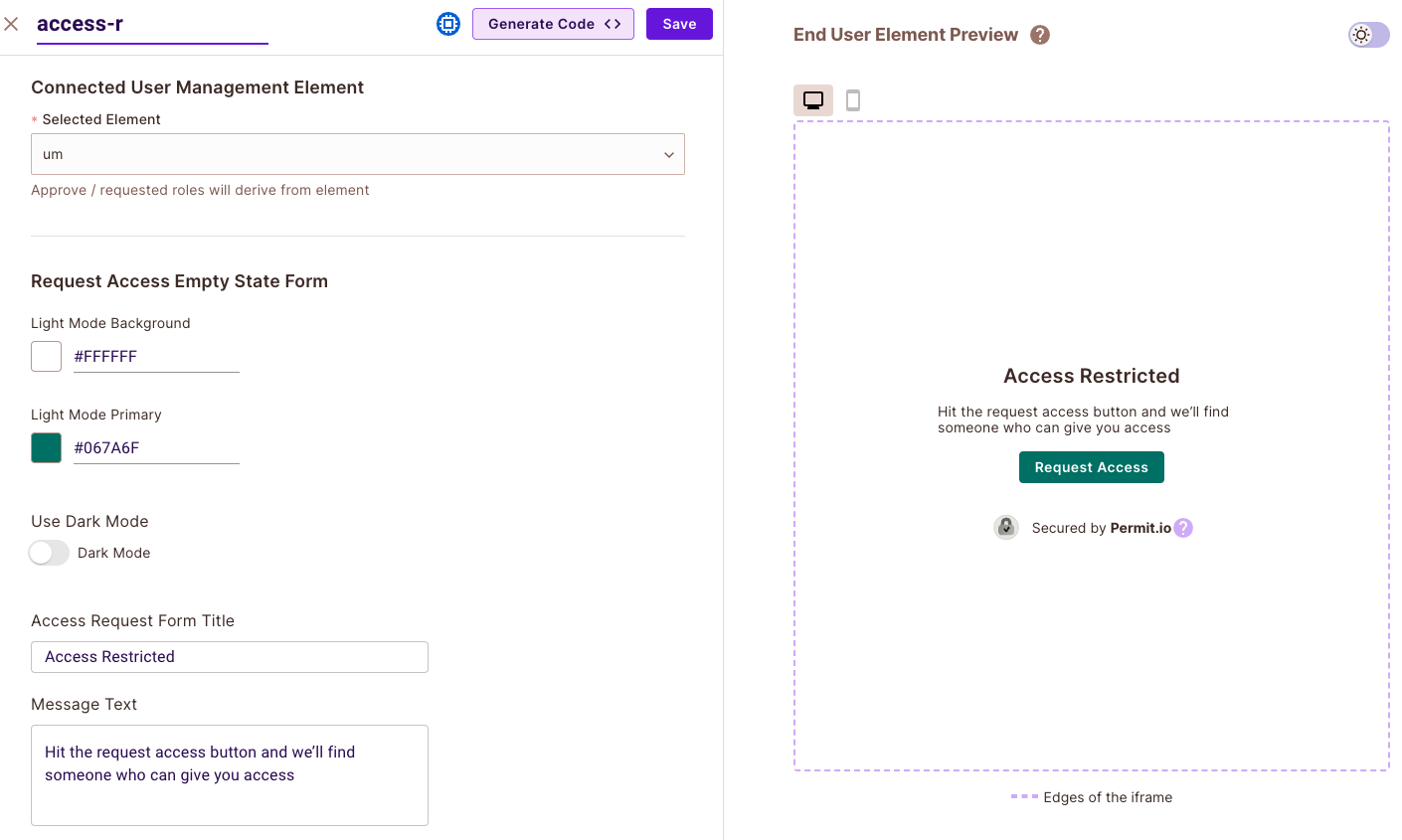 Access Request element form with color, title, message, and button text settings