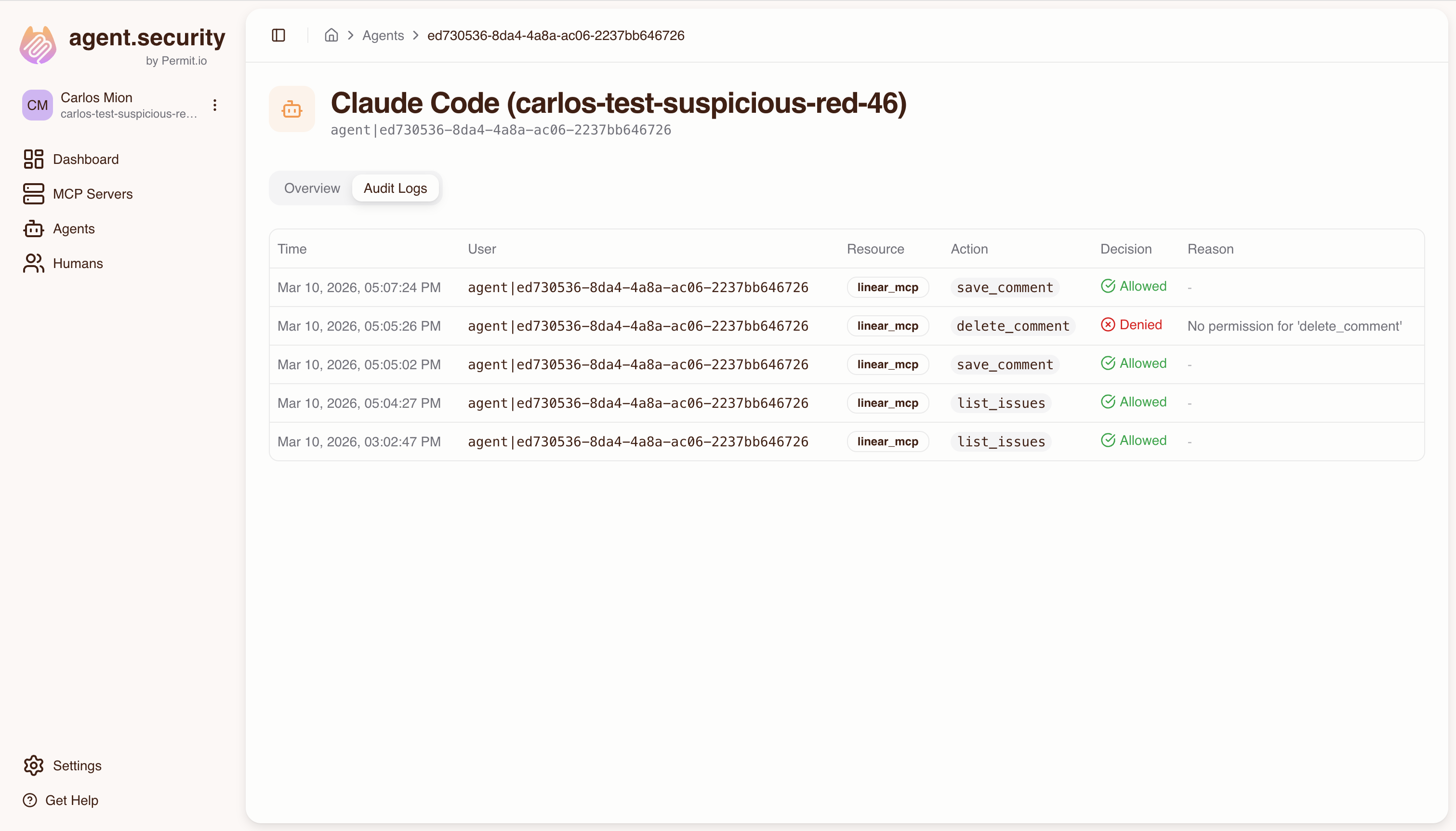 Audit Logs tab on an agent detail page listing tool calls with allowed and denied decisions