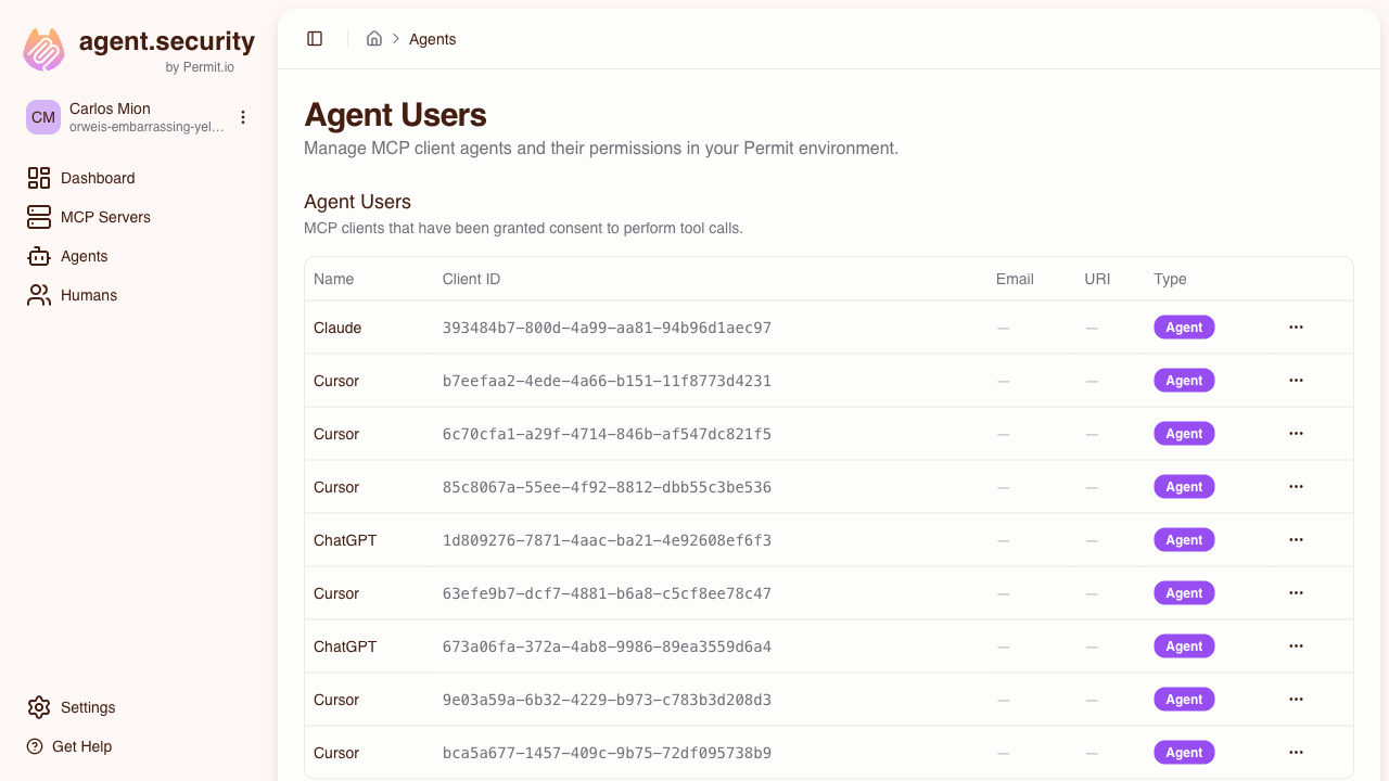 Agents page listing connected MCP clients