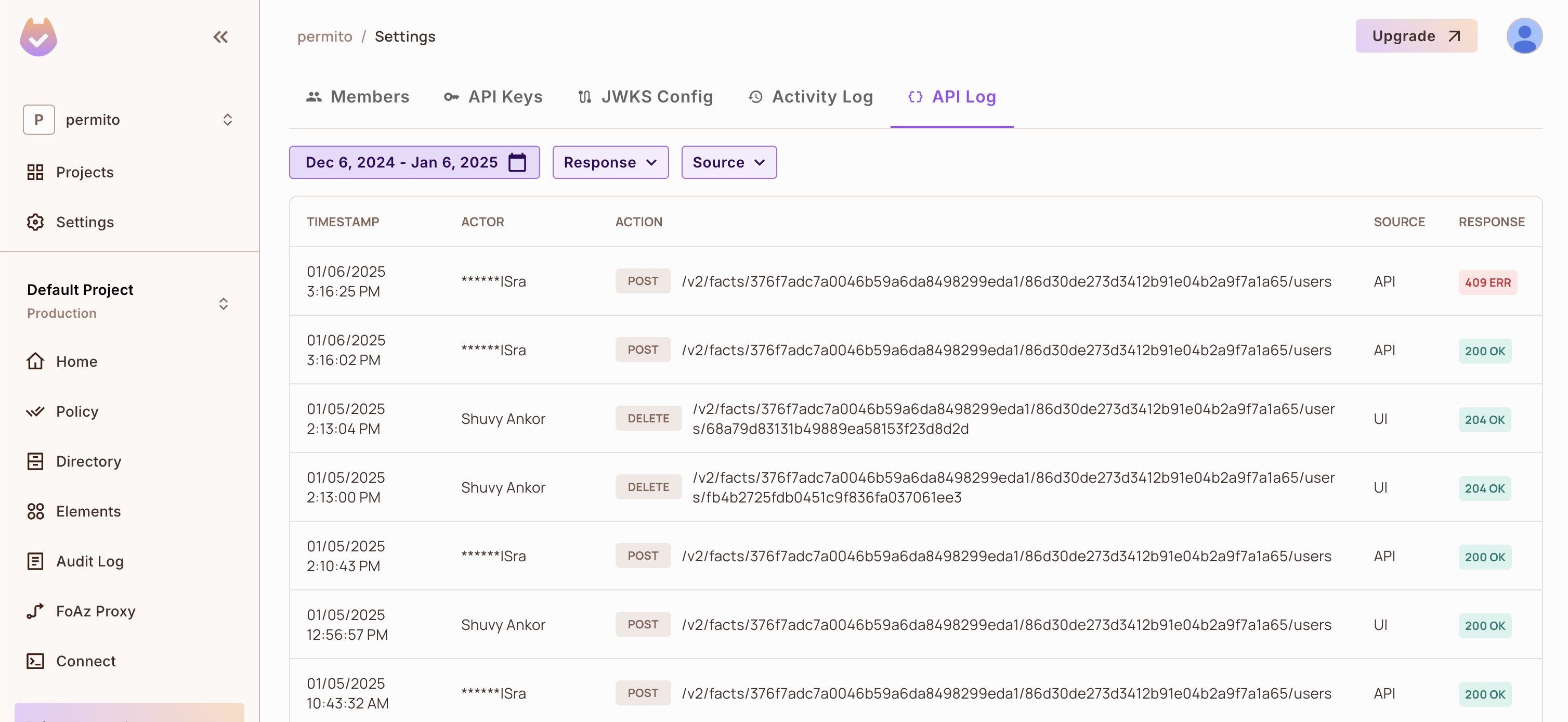 API Log tab of the Permit settings screen with a list of API requests, their timestamps, actors, methods, and paths