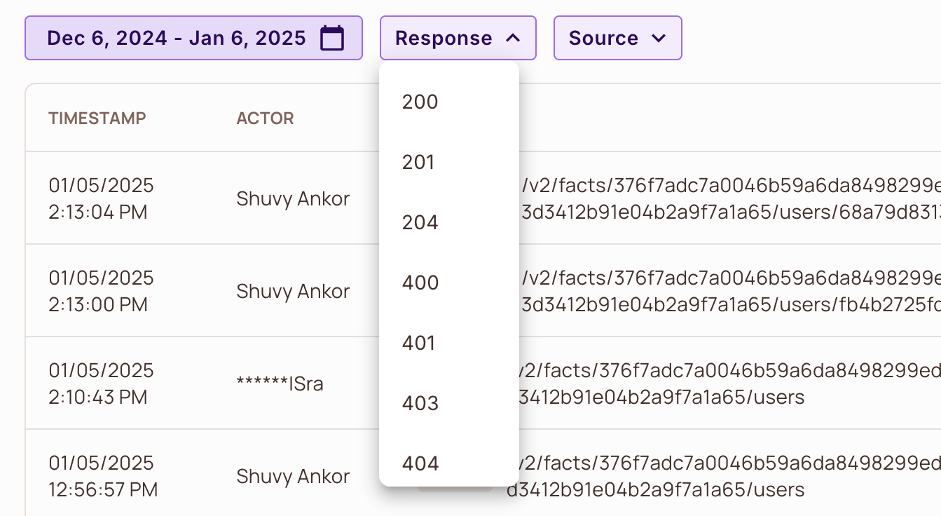 API log Response filter with a list of HTTP status codes
