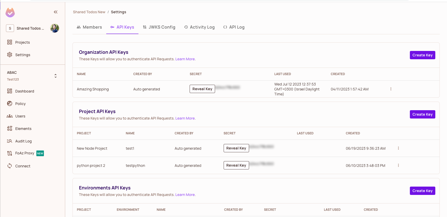 API Keys tab in the Permit dashboard Settings screen, listing existing API keys