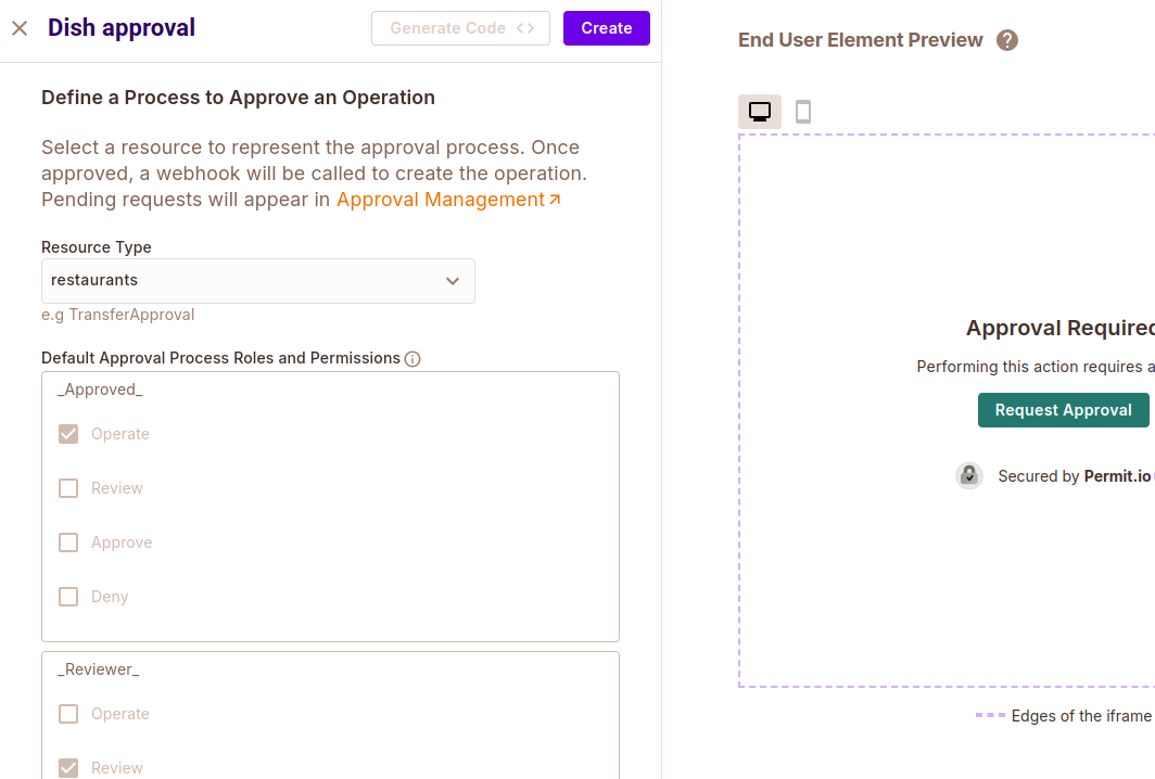 Dish approval element form with resource type restaurants and the default roles Approved and Reviewer