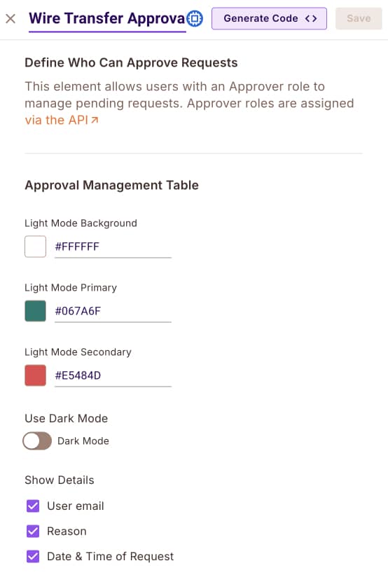 Approval Management element configuration with display settings for the reviewer view