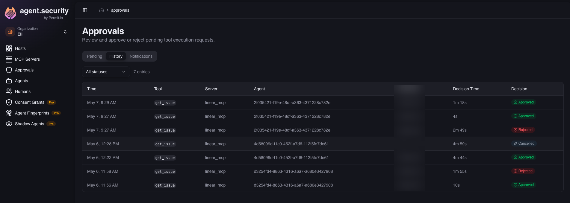 History tab listing resolved approval requests