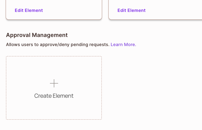 Elements screen with the Create Element button under Approval Management