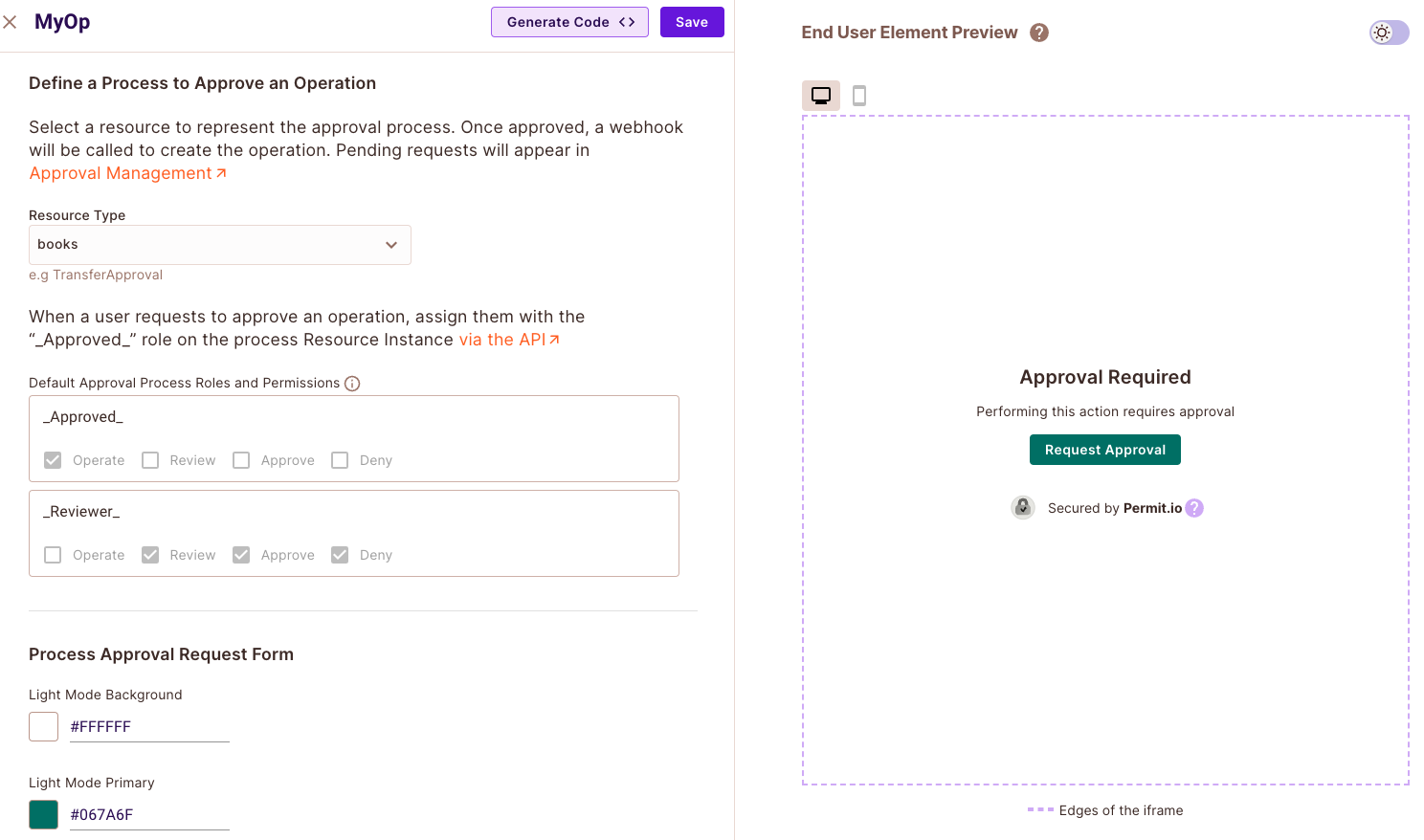 Operation Approval element form with color, title, message, and button text settings